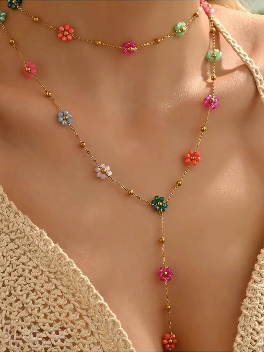 Delicate Multicolor Flower Station Gold Necklace - Women Jewelry